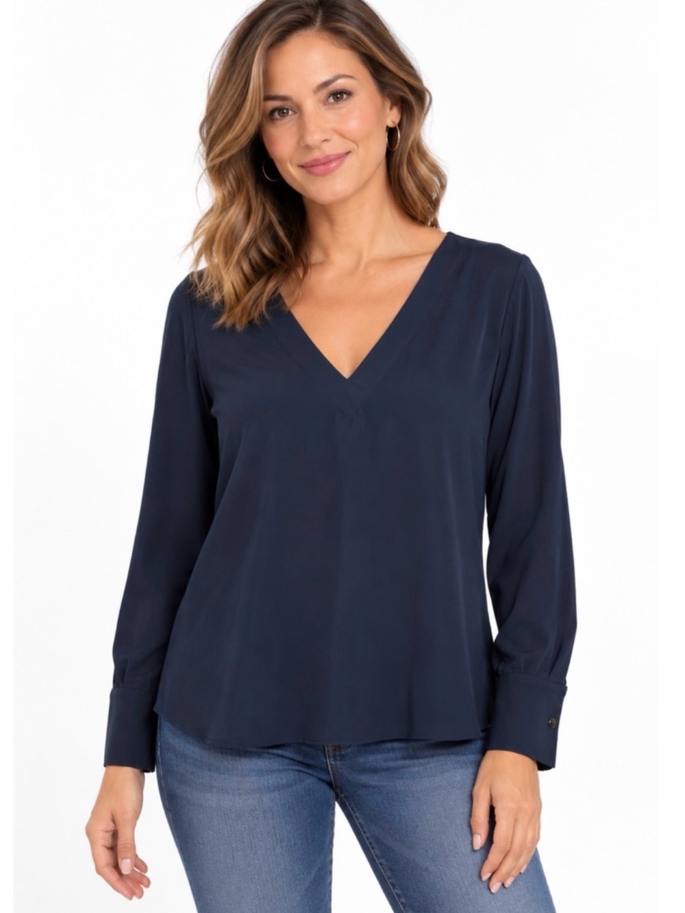 ADAY Navy Blue Long Sleeve Something Tailored V-Neck Top Shirt Sz. XS